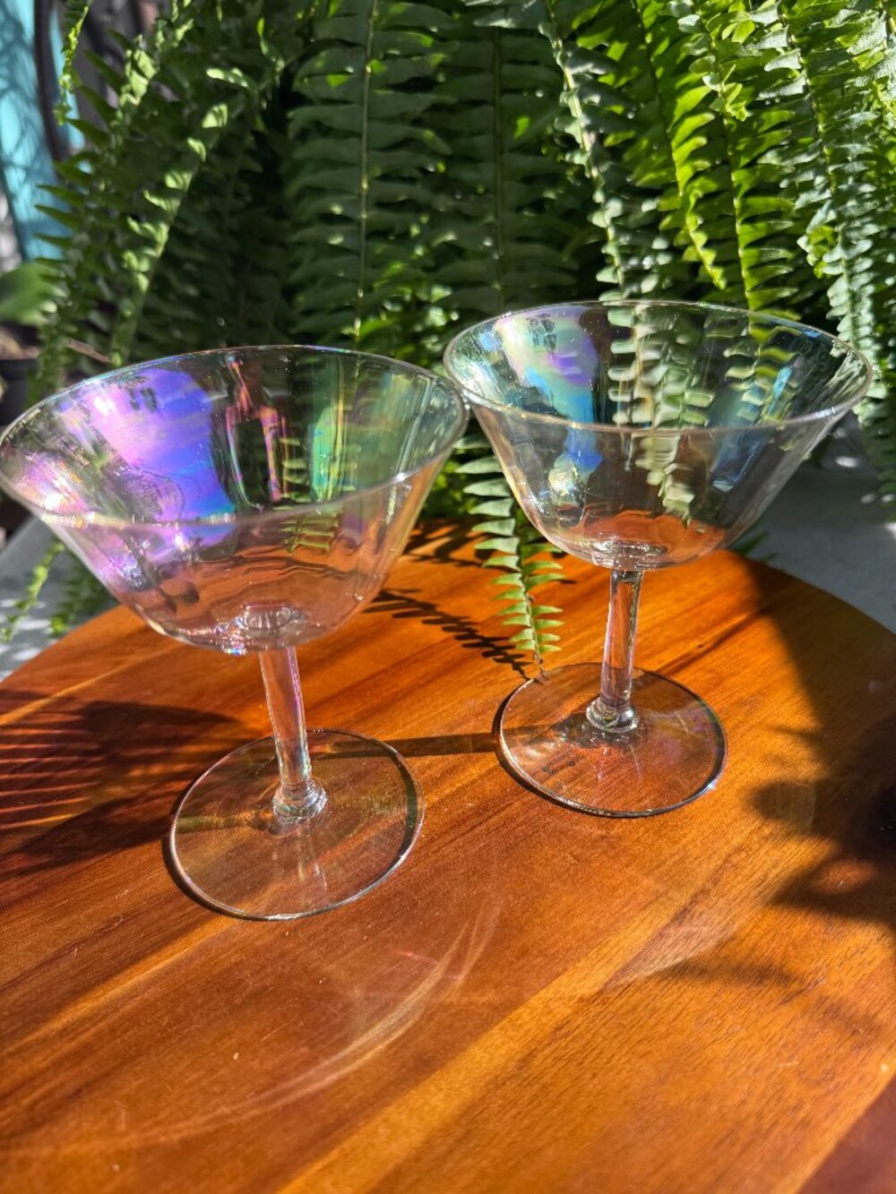 Set of 2 Vintage Fostoria Mother of Pearl Iridescent Champagne Coupe Glasses